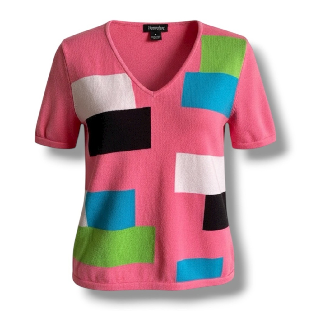 VTG Hampshire Studio Womens Geometric Knit Sweater‎ Size S Short Sleeve Cotton